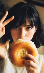 a lady is holding a donut in her mouth