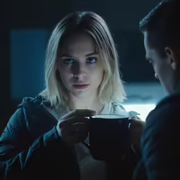 a woman is holding a coffee cup with her hand