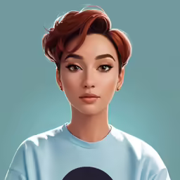 a woman with dark hair and a blue shirt