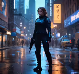 a woman stands in the rain while holding an umbrella,the girl from resident evil standing in the rain in the middle of a city street