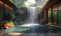 a beautiful waterfall with a patio next to it