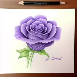 a purple rose is drawn on a paper by a pencil,a drawing of a flower with a name on it