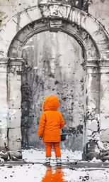 there is a young person standing in front of an archway in the winter