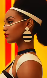 a young lady is wearing large earrings and a white dress
