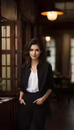 a woman in black slacks posing for a photo