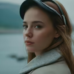 a girl wearing a black cap near the water