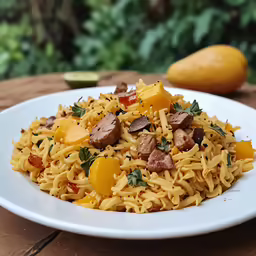 a plate of meat, rice and vegetable pasta sits on a table outside