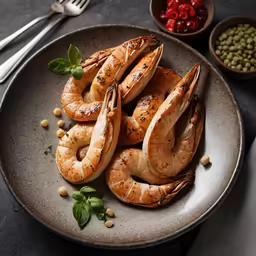 several cooked shrimp on a plate with peas