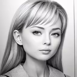 a black and white photo of a woman with long blonde hair