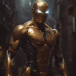 an iron man is standing in a dimly lit room