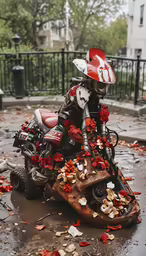 a motorcycle that is sitting on a small wooden block