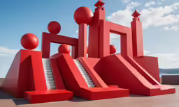 two red structures with stairs and balls are in a courtyard