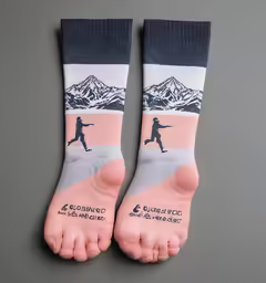 a pair of feet in socks with a mountain view