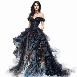 a woman in a black wedding gown with blue flowers on it