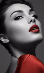 a woman in a red dress looking up and to her right