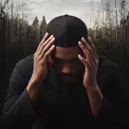 the young man holds his head up while wearing a hat