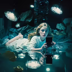 a woman laying down while she is looking at her cellphone