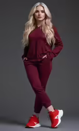 a woman in red sneakers posing for a picture