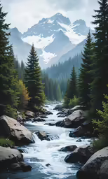 a mountain view with trees and a river running between it