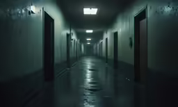 a hallway in an abandoned hospital with dark lighting