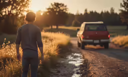 a man walking to his red van along the side of a road