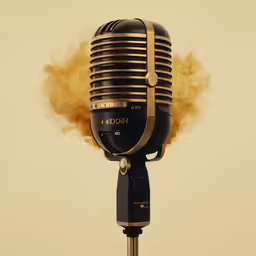 an antique style black microphone with a red lightening up