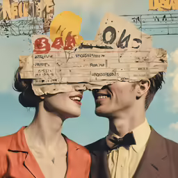 a man and woman looking each other with sheet music above their heads