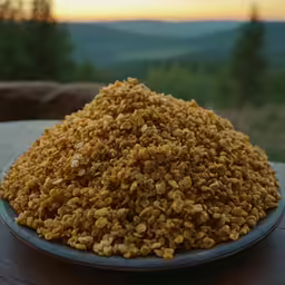 a blue plate topped with rice on top of a table