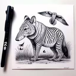 a drawing of a hyena and two birds,a drawing of a zebra with bird on the top