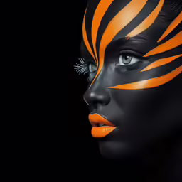 an attractive woman with bright orange paint on her face