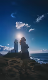 a woman stands by a lighthouse looking down at the water