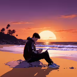 a man sitting on the sand looking at his cell phone,a person that is sitting on the beach by himself