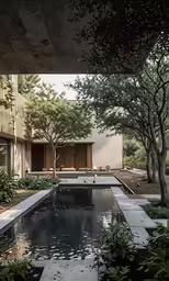 a pool in front of a large building