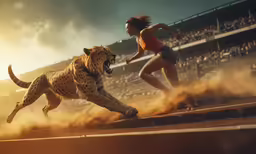 a woman running next to a cheetah on top of a field