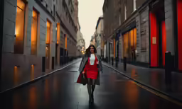a woman in a red dress walks down the street in an alleyway