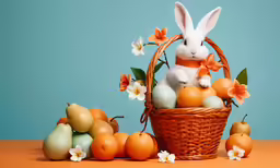 an easter bunny sits in a basket surrounded by tangerines and other fruit