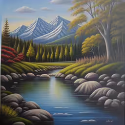 a picture with a water and mountains in it,painting of river and mountain scene with rocks
