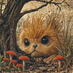 a small kitten sitting under a tree with some mushrooms