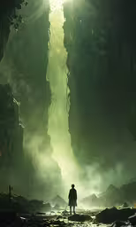 the silhouette of a person is walking toward some rock formations