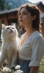 a woman is holding a white cat in a field