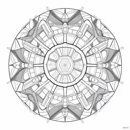 an intricate geometric pattern in black and white,a very unusual shape that is in the shape of a geometric object,a circular drawing with an abstract pattern, including lines and shapes,the inside of a circular pattern made with lines,a geometric drawing of lines and triangles