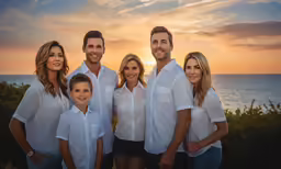 the family is posing for their portrait during sunset