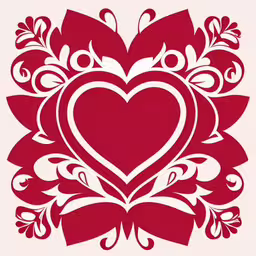 a heart surrounded by leaves and floral shapes,the heart with ornate designs is on white paper,a stylized red heart on white background,a heart in the middle of a red and white pattern,a heart shaped stencil on a white paper background