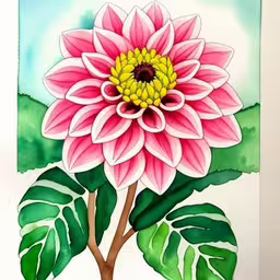 pink flower with green leaves and blue sky,the painting shows a pink flower and large green leaves,a painting of a large pink flower with green leaves,there is a pink flower with green leaves on the bottom of it,watercolor drawing of a pink flower on a white background