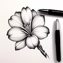 pencil drawing of a flower with leaves,black ink drawing of a flower and pen