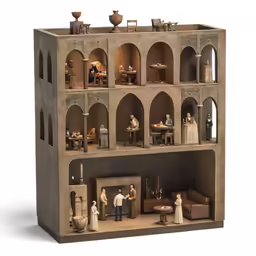 a tall dollhouse with dolls standing on it