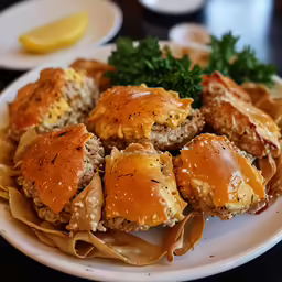 a plate of crab pots with parsley