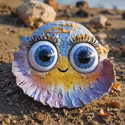 there is a blue and purple toy that looks like a creature with eyes