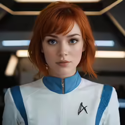 a woman with red hair wears white, blue and black attire