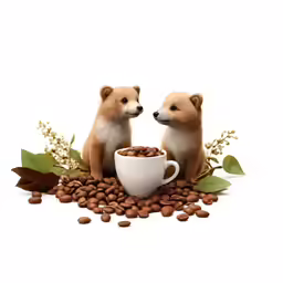 two brown dogs sitting on some coffee beans next to a cup
